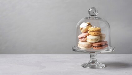 Macaroons displayed under a glass dome on a gray backdrop, showcasing vibrant chrysanthemum hues, ideal for festive gatherings.