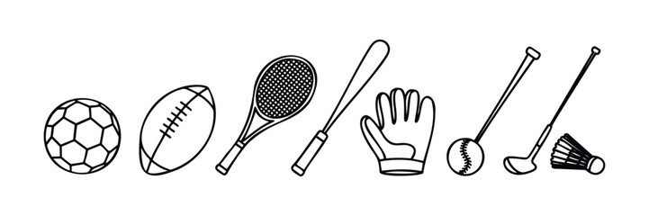 Collection of essential sports equipment including various balls a racket bat glove and club perfect for promoting fitness activities and athletic lifestyle content