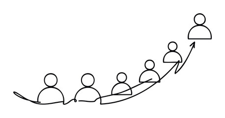 Simple line drawing depicting a group of people icons connected by an ascending arrow symbolizing career development, business growth, or team success for corporate presentations and