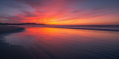 Fototapeta premium Sunset over a Basque Country beach with a vibrant red and orange sky reflected in water and sand, ideal for landscape backgrounds