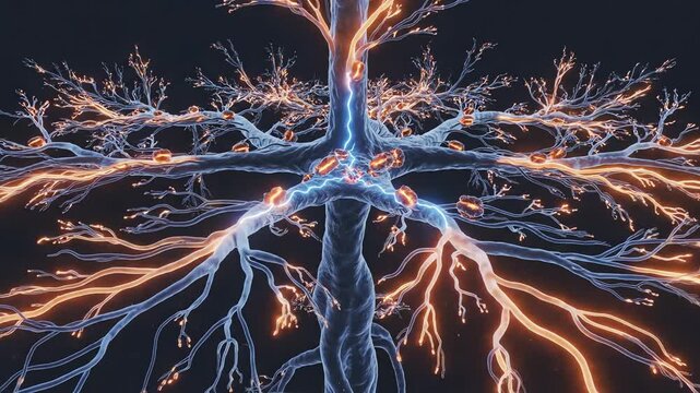 Vitamin B-complex fueling metabolism, through mitochondria that flare to life like glowing engines, neurons light up in a synchronized pulse