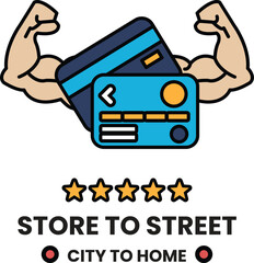 A man with bulging muscles holding a credit card and a store to street sign