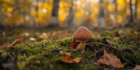 Brown cap boletus in autumn forest with green vegetation, emphasizing seasonal foraging practices