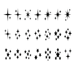 Naklejka premium Collection of black sparkle and star icons, various shapes and sizes, representing magic, celebration, and celestial elements