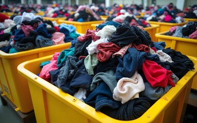 A towering heap of colorful clothing piled in yellow industrial bins, capturing the essence of textile recycling and the chaotic beauty of clothes waiting for a new purpose. High quality