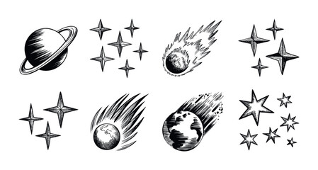 An engaging set of cosmic graphics depicting a ringed planet, various sparkling stars, and dynamic comets including Earth, ideal for educational science projects and space exploration