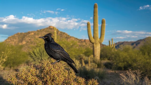 Phainopepla perched on a desert bush, showcasing its habitat in the arid environment