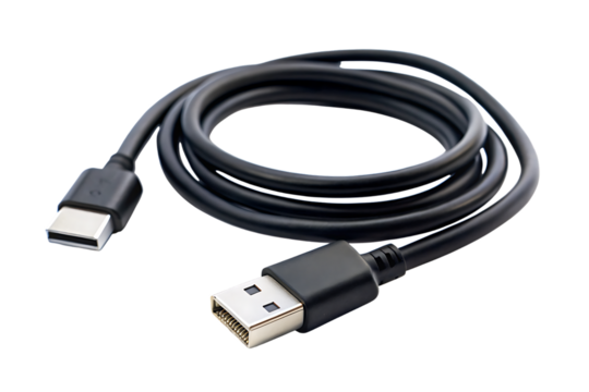 USB cable, black USB-C with USB-A connector and USB-C connector, cutout, PNG isolated on white or transparent background