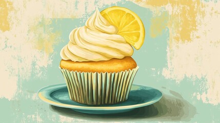 Retro vintage poster illustration for National Lemon Cupcake Day, 1950s advertising style, classic lemon cupcake as centerpiece, nostalgic color palette with yellows