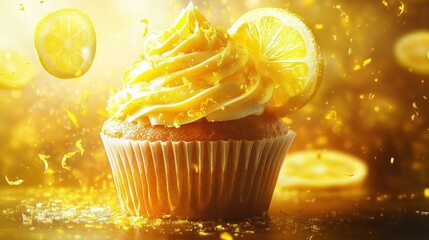 Modern digital art illustration of gourmet lemon cupcake, semi-realistic painting style with artistic lighting effects, vibrant yellow and gold tones, dramatic shadows