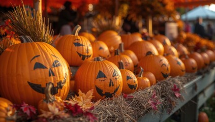Pumpkins featuring humorous facial designs for Halloween and Harvest festivities, seasonal celebration