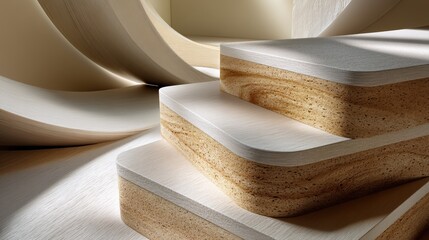 Layered plywood sheets create a unique abstract pattern with visible edge lines, adding texture and depth to the design. 