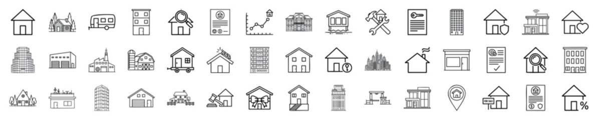 Fototapeta premium Diverse real estate icons representing houses, apartments, and property services for use in real estate marketing and property management resources.