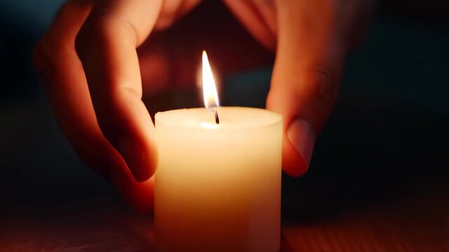 A minimalistic dark background with a hand carefully placing a lit candle on a table, creating a serene and warm atmosphere. 4k Video footage.
