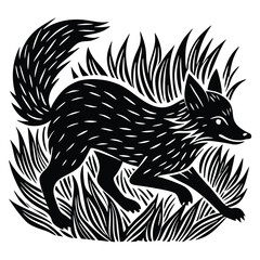 design logo lino cut  style illustration fox running through tall grass expressive