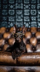Fashionable dog in luxury outfit and golden sunglasses, Stylish pup posing on vintage leather couch in luxury vibe, Glamorous pet character in chic accessories, golden tone concept,fashion dog, luxur 