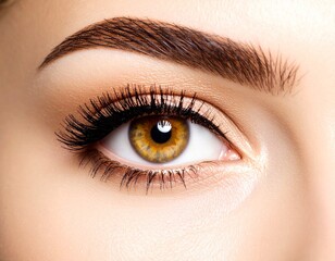 Naklejka premium Golden Gaze: A close-up showcases a captivating eye with a rich, golden iris, framed by perfectly arched eyebrow and long, delicate eyelashes. A study of beauty and detail.