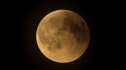 Full moon, golden - hued with detailed surface, against a dark night sky, close - up, copy space.