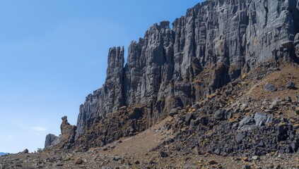 Fototapeta premium Basalt cliffs and talus from ancient lava flow, geological textures in Crooked River Canyon, erosion risk