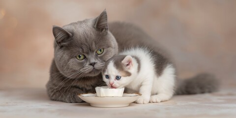 Gray cat-mother teaching her white tabby semi Scottish fold kitten to drink milk from a saucer, emphasizing nurturing behavior