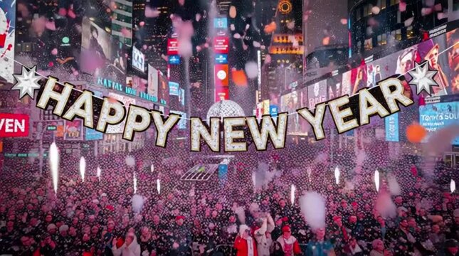 A new year celebration with a large crowd in times square under falling confetti and bright billboards