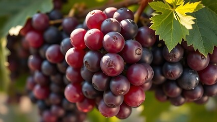 Fototapeta premium viticulture. Ripe Dolcetto grape clusters with deep purple hues and morning dew on green leaves. menu design, packaging mockups, designed for food delivery and cloud-kitchen brand materials.