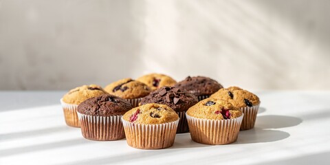 Assorted fresh muffins on a plain background, suitable for bakery menu design or recipe layout