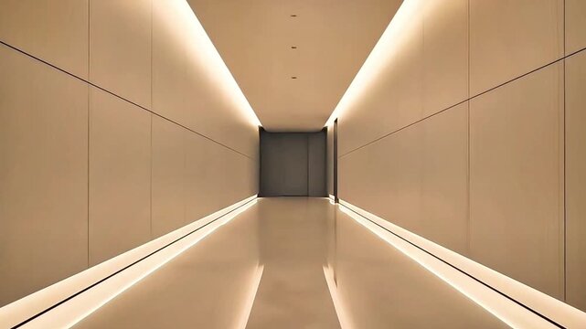 Symmetric Modern Empty Corridor or Hallway Background with Warm Recessed LED Strip Lighting Creating a Futuristic Perspective