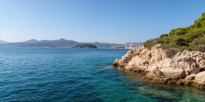 View from water of rocky shore of island in Croatia, highlighting natural erosion risk