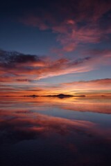 Naklejka premium Stunning sunset reflection over salar de uyuni's tranquil landscape