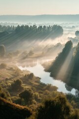Serene sunrise over misty valley with gentle river and lush trees