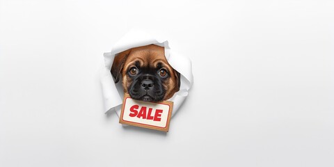 Serious Mastiff puppy peering through a white paper hole at a sale sign, emphasizing curiosity and attentiveness.