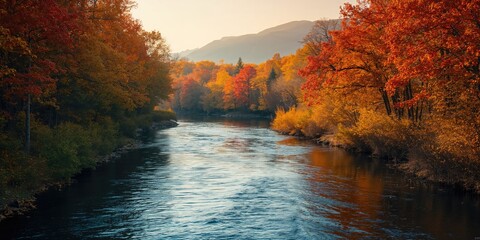Scenic river surrounded by vibrant fall foliage, ideal for landscape photography, Earth Day