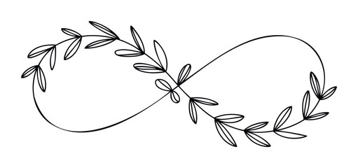 Elegant infinity symbol adorned with delicate leaf sprigs, representing eternal love and growth, perfect for wedding invitations and symbolic branding projects