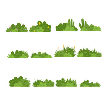 2D game level design assets. Cute vector green bushes, plants, and grass sprites for side scroller games or mobile app UI