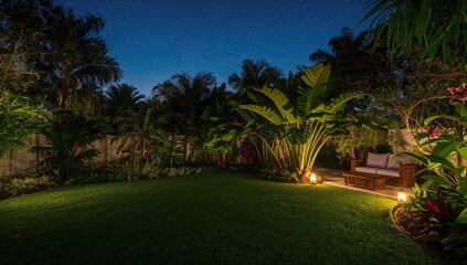 Tropical backyard garden with outdoor lighting, emphasizing landscape illumination for evening ambiance
