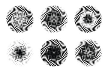 Set of Six Abstract Black Halftone Swirl and Sunburst Radial Design Elements