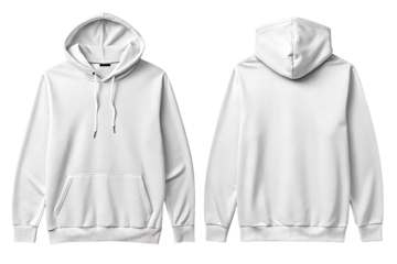 Hooded sweatshirt, plain white with a front pocket and drawstrings, cutout, PNG isolated on white or transparent background