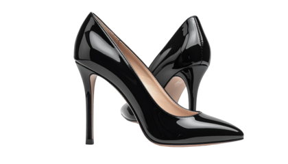 Sleek, glossy black pointed-toe heels, one angled slightly behind the other