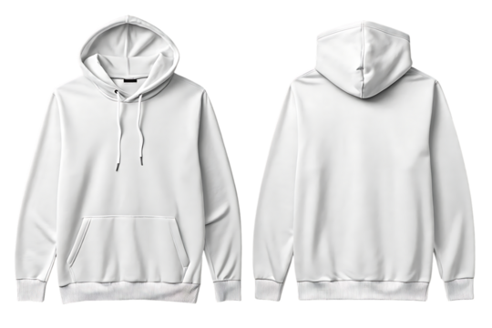 Hooded sweatshirt, plain white with a front pocket and drawstrings, cutout, PNG isolated on white or transparent background