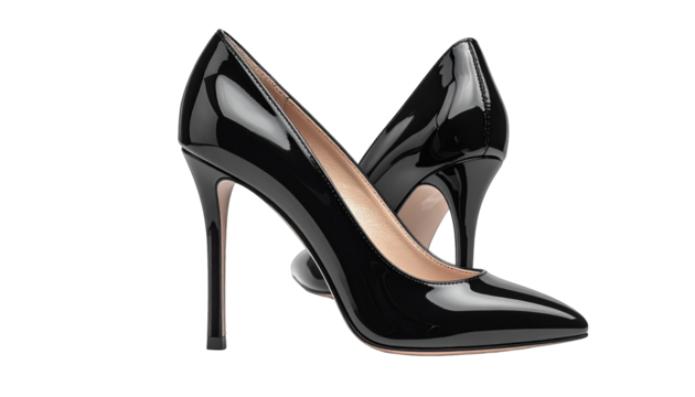 Sleek, glossy black pointed-toe heels, one angled slightly behind the other