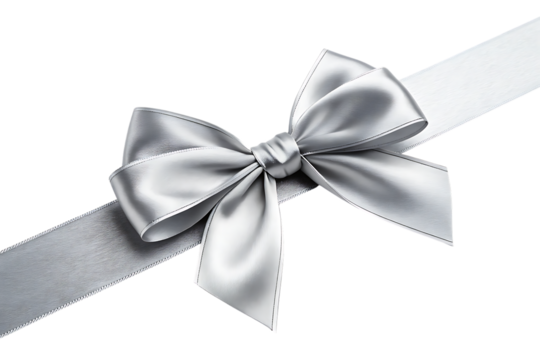 Ribbon bow, silver satin with detailed texture and metallic sheen, cutout, PNG isolated on white or transparent background