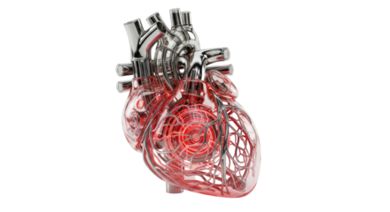 A detailed 3D rendering of a human heart, featuring a metallic outer structure and a glowing red translucent internal vascular system, set against a clean white background.