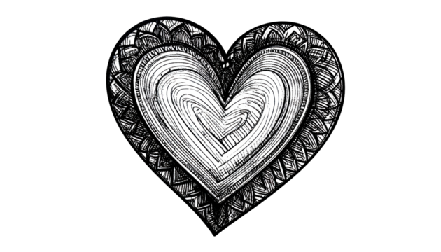 Detailed black and white heart illustration with layered interior and intricate edging
