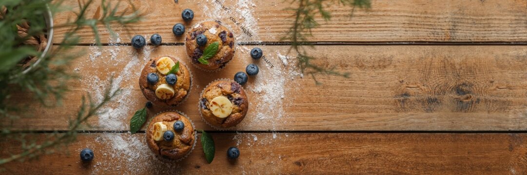 Overhead shot of vegan banana blueberry muffins with fresh fruit, suitable for breakfast or snack options