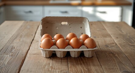 A carton of ten fresh brown eggs on a wooden surface, highlighting natural hue for culinary use, breakfast or baking, Earth Day