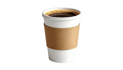 A disposable white coffee cup with dark coffee and a brown sleeve, black background