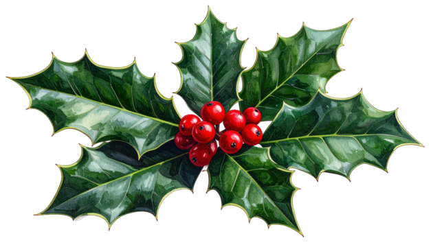 Watercolor illustration of green holly leaves with sharp edges, red berries