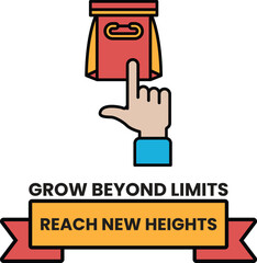 A hand pointing to a bag with the words Grow Beyond Limits Reach New Heights