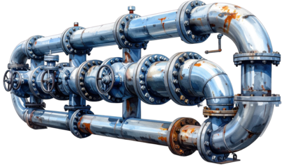 Complex system of metallic pipes, elbows, and valves; rendered with a rusted look
